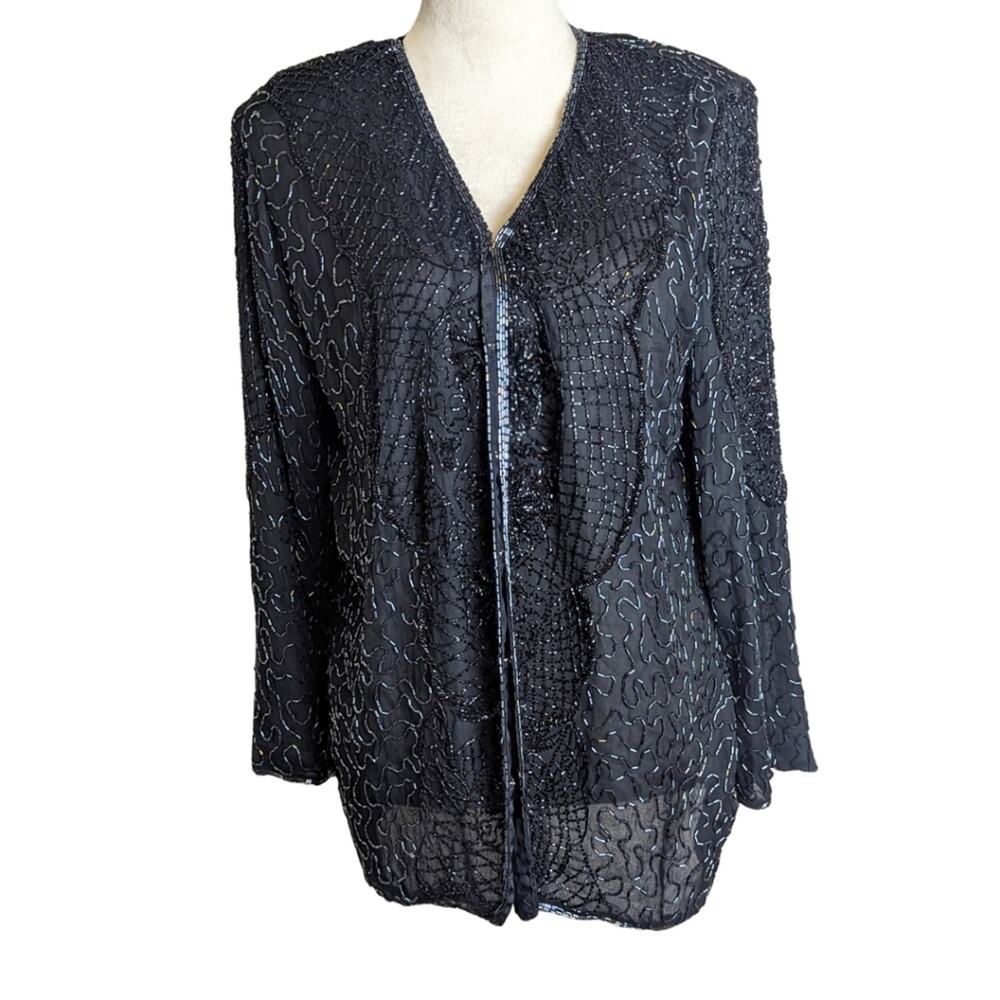 Vintage 100% Silk Sequenced Semi Sheer Cardigan Jacket Regal Women's 1X